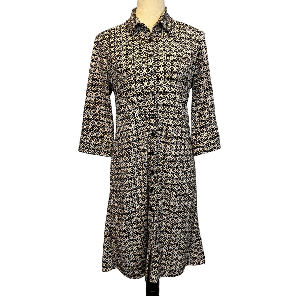 Express Geometric Print Button Up Shirt Dress Collared 3/4 Sleeve Timeless 11/12